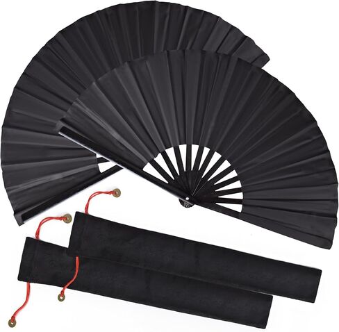 Folding Hand Fan with Bamboo for Women Men, Chinese Japanese Bamboo Fan Hand Fan for Festival, Dance, Gift, Performance, Decorations (Bamboo Fan Black 2p+case) in Kuwait