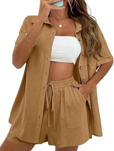 QIBABU Women's Linen Shorts Sets 2 Piece Summer Short Sleeve Top and Shorts Sweatsuit Set Vacation Beach Outfits in Kuwait