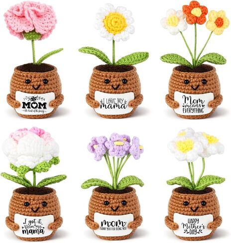 Geelin 6 Sets Positive Employee Appreciation Mini Crochet Flower Potted Doll with Card Emotional Rose Daisy Crochet Support Thank You Plants May You Positive Gift for Women Coworker Employee Teacher in Kuwait