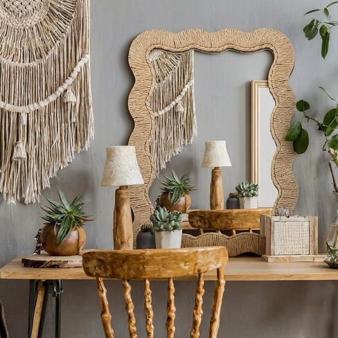 Junkin Boho Coastal Mirror Natural Wicker Scalloped Rattan Mirror with Decorative Rattan Frame Boho Coastal Decor for Bathroom Living Room, Entryway Decor(Rectangle,10.4 x 15.8 in) in Kuwait