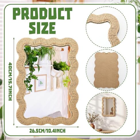 Junkin Boho Coastal Mirror Natural Wicker Scalloped Rattan Mirror with Decorative Rattan Frame Boho Coastal Decor for Bathroom Living Room, Entryway Decor(Rectangle,10.4 x 15.8 in) in Kuwait