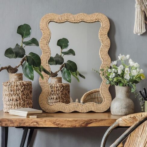 Junkin Boho Coastal Mirror Natural Wicker Scalloped Rattan Mirror with Decorative Rattan Frame Boho Coastal Decor for Bathroom Living Room, Entryway Decor(Rectangle,10.4 x 15.8 in) in Kuwait