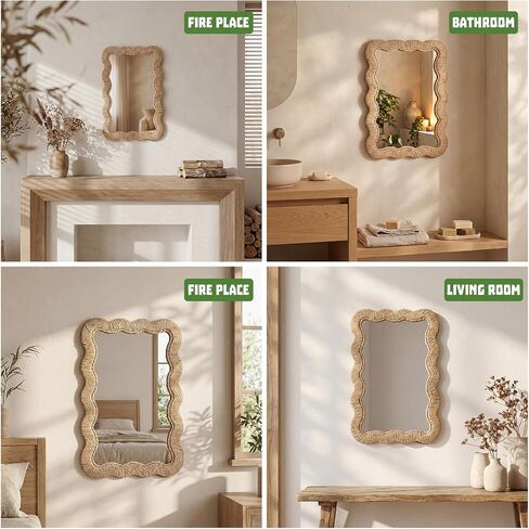 Junkin Boho Coastal Mirror Natural Wicker Scalloped Rattan Mirror with Decorative Rattan Frame Boho Coastal Decor for Bathroom Living Room, Entryway Decor(Rectangle,10.4 x 15.8 in) in Kuwait