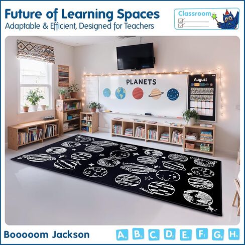 Booooom Jackson Large Classroom Rug for 24 Students – Abstract Planet Black & White Space Theme Carpet, 7'6"x13'1" Fade-Resistant Nylon Seating Rug for Preschool, Kindergarten, Elementary in Saudi Arabia