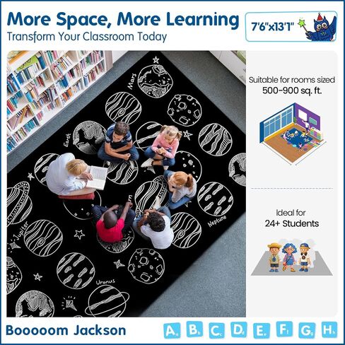 Booooom Jackson Large Classroom Rug for 24 Students – Abstract Planet Black & White Space Theme Carpet, 7'6"x13'1" Fade-Resistant Nylon Seating Rug for Preschool, Kindergarten, Elementary in Saudi Arabia