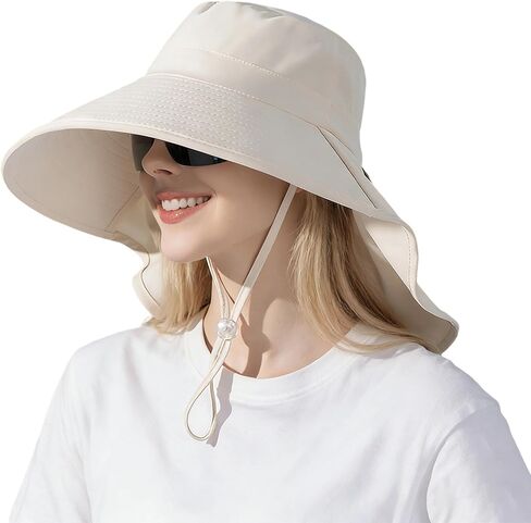 Women Wide-Brim-Bucket-Ponytail-Sun-Hats - Summer UV Protection Sun Hat Foldable Fishing Hat with Neck Flap Pony Hole in Kuwait