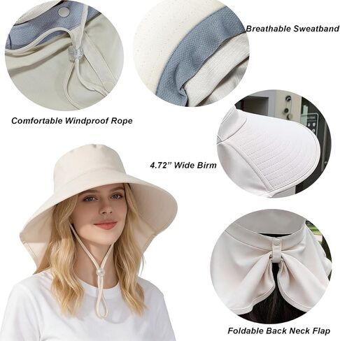 Women Wide-Brim-Bucket-Ponytail-Sun-Hats - Summer UV Protection Sun Hat Foldable Fishing Hat with Neck Flap Pony Hole in Kuwait