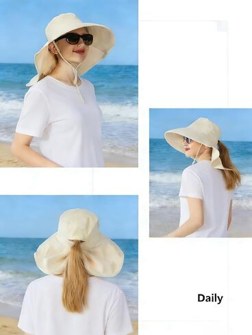 Women Wide-Brim-Bucket-Ponytail-Sun-Hats - Summer UV Protection Sun Hat Foldable Fishing Hat with Neck Flap Pony Hole in Kuwait