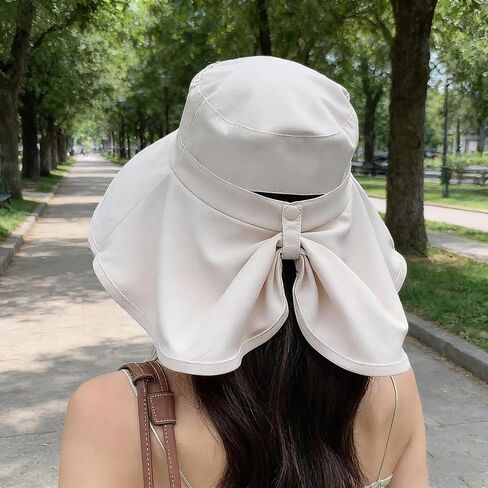Women Wide-Brim-Bucket-Ponytail-Sun-Hats - Summer UV Protection Sun Hat Foldable Fishing Hat with Neck Flap Pony Hole in Kuwait