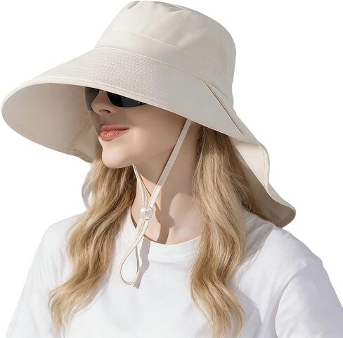 Women Wide-Brim-Bucket-Ponytail-Sun-Hats - Summer UV Protection Sun Hat Foldable Fishing Hat with Neck Flap Pony Hole in Kuwait