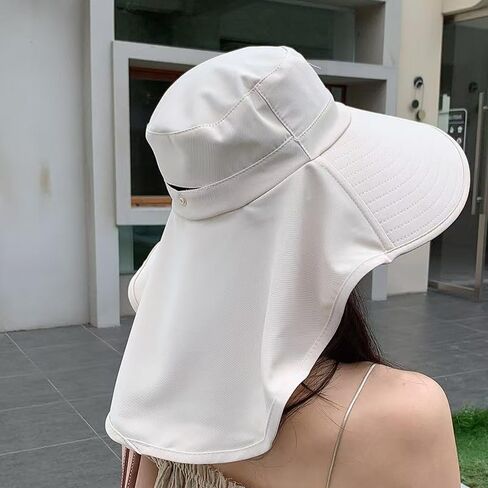 Women Wide-Brim-Bucket-Ponytail-Sun-Hats - Summer UV Protection Sun Hat Foldable Fishing Hat with Neck Flap Pony Hole in Kuwait