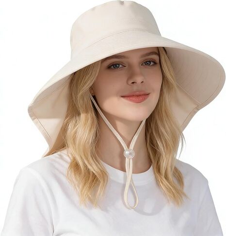 Women Wide-Brim-Bucket-Ponytail-Sun-Hats - Summer UV Protection Sun Hat Foldable Fishing Hat with Neck Flap Pony Hole in Kuwait
