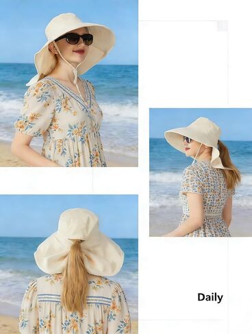 Women Wide-Brim-Bucket-Ponytail-Sun-Hats - Summer UV Protection Sun Hat Foldable Fishing Hat with Neck Flap Pony Hole in Kuwait