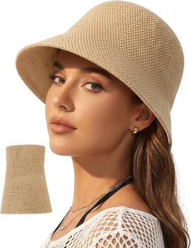 Ababalaya Women's Crochet Cotton Bucket Hat, Adjustable Foldable Fisherman Hat, Lightweight Packable Sun Beach Hiking Cap in Kuwait
