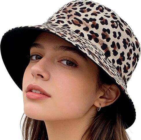 Women Reversible Sun Hat for Spring Summer Sun Protection Cotton Bucket Hats Men Leopard-Black Hip Hop Caps Medium in Kuwait