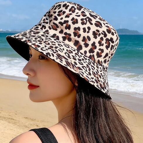 Women Reversible Sun Hat for Spring Summer Sun Protection Cotton Bucket Hats Men Leopard-Black Hip Hop Caps Medium in Kuwait