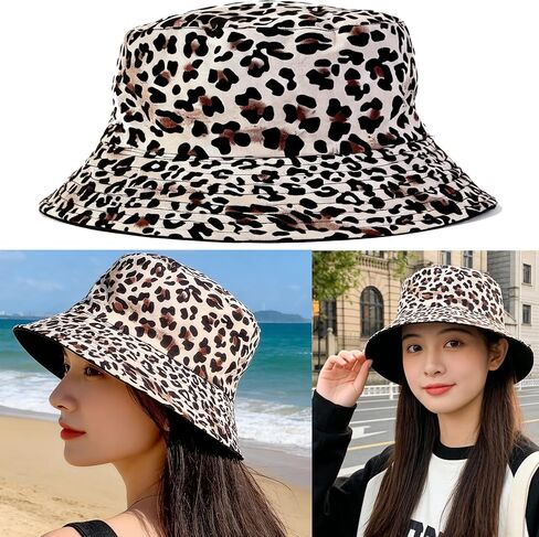 Women Reversible Sun Hat for Spring Summer Sun Protection Cotton Bucket Hats Men Leopard-Black Hip Hop Caps Medium in Kuwait