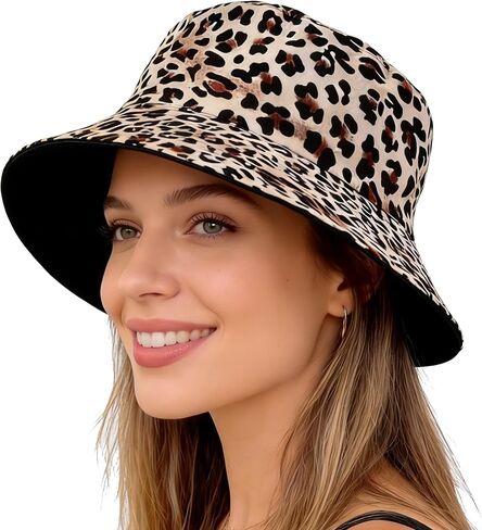 Women Reversible Sun Hat for Spring Summer Sun Protection Cotton Bucket Hats Men Leopard-Black Hip Hop Caps Medium in Kuwait