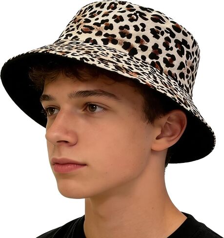 Women Reversible Sun Hat for Spring Summer Sun Protection Cotton Bucket Hats Men Leopard-Black Hip Hop Caps Medium in Kuwait