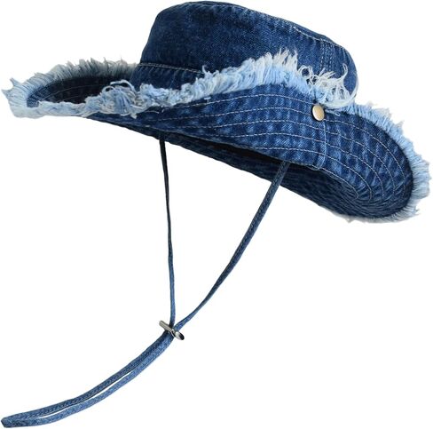 Denim Bucket Hats for Women, Frayed Western Fisherman Hat Foldable Wide Brim Beach Hat Trendy Cute Outdoor Sun Hat in Saudi Arabia
