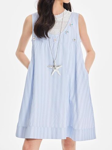 Girls Blue Striped Dress with 7 Sequin Flowers, Sparkly Casual & Party Dress for Girls 6-16Y in Saudi Arabia