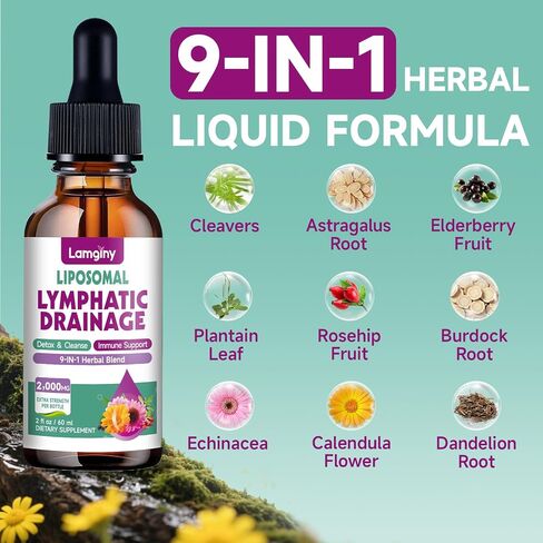 Liposomal Lymphatic Drainage Drops, 9-In-1 Lymphatic Drainage Supplements for Detox & Cleanse, with Echinacea, Dandelion, Elderberry, Burdock Root & Cleavers, Immune & Lymph System Support, 2 FL OZ in Saudi Arabia