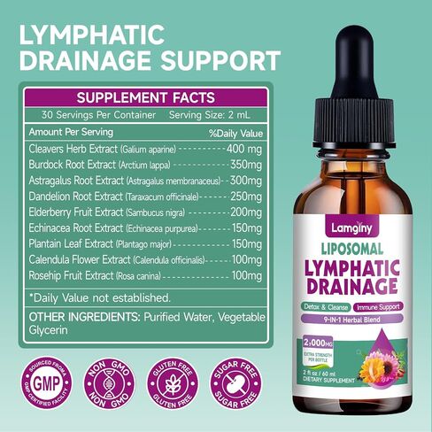 Liposomal Lymphatic Drainage Drops, 9-In-1 Lymphatic Drainage Supplements for Detox & Cleanse, with Echinacea, Dandelion, Elderberry, Burdock Root & Cleavers, Immune & Lymph System Support, 2 FL OZ in Saudi Arabia
