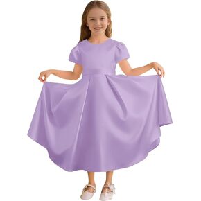 Satin Flower Girl Dress Puff Sleeve Long Junior Bridesmaid Dresses Bow Birthday Pageant Formal Wedding Gown in Saudi Arabia