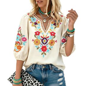 Higustar Women's Mexican Embroidered Tops Boho Fiesta Shirt Peasant Tunic Plus Size Traditional Bohemian Blouse in Saudi Arabia