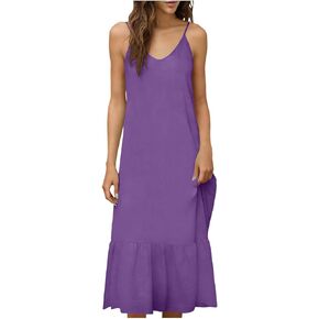 Women's Dresses Summer Lightweight Casual Solid Color Flowy Beach Dress Spaghetti Strap Tiered Midi Dress in Saudi Arabia
