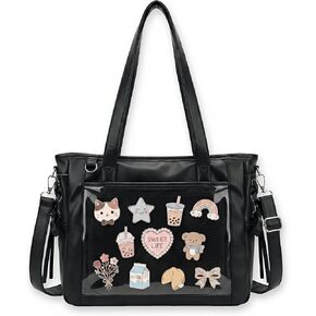 Large Ita Bag Crossbody Tote with Clear Window & Insert, Kawaii Pin Display Purse with Lace-up Bows, PU Leather Messenger Bag for Anime Cosplay & Kpop Fans in Saudi Arabia