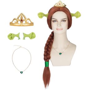 Auburn Braided Wig with Crown Necklace Green Ears and Ribbon for Women Cosplay Halloween Princess Wig in Saudi Arabia