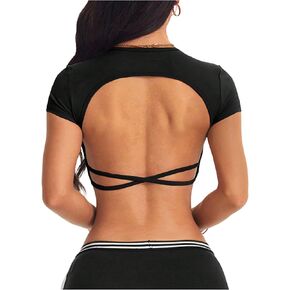 WDIRARA Women's Open Back Crop Tops Short Sleeve Yoga Shirts Athletic Running Tee in Kuwait