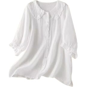 Cotton Tops for Women Button Down Lapel Neck Pure T-Shirts Button Lightweight Flowy Cozy Blouse Tunic Tees in Kuwait