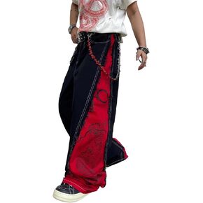 DFGIGT Men's Baggy Wide Leg Jeans Black Red Color Block Dragon Print Distressed Baggy Y2K Casual Vintage Trousers in Saudi Arabia