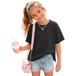 Girls Oversized T Shirts Short Sleeve Waffle Crew Neck Summer Casual Side Slit Tops Basic Tees Tween Kids 5-14Y in Kuwait