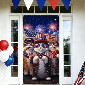 BVBOX Patriotic Door Cover Banner 35.4"x70.8" - Patriotic Cats Independence Day Fabric Door Covers, Welcome Front Door Hanging Cover for Memorial Day in Saudi Arabia