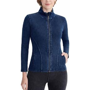 Women's Denim Jackets Slim Stretch Fit Zip Up Coats High Neck Long Sleeve Athletic Yoga Jean Tops with Pockets in Saudi Arabia
