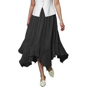Women's Lightweight Chiffon Midi Skirt with Handkerchief Hem - Elastic Waist Flowy A-Line Skirt in Kuwait