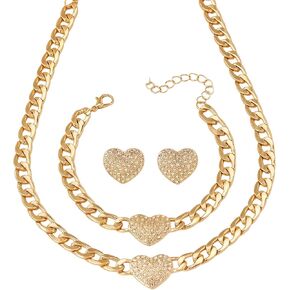 LOTSOF Gold Tone Cuban Link Chain Heart Jewelry Set for Women - Crystal Paved Heart Pendant Necklace, Bracelet & Stud Earrings - Fashion Statement Layered Jewelry for Party, Gift in Saudi Arabia