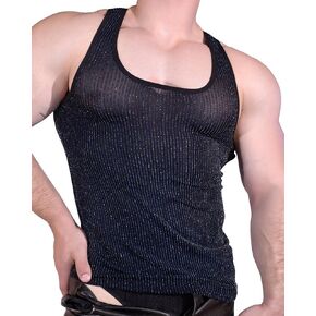 Mens Black Glitter Mesh Tank Tops Ice Silk Rave Outfits Sheer Sparkly Disco Shirt for Club and Party in Saudi Arabia