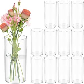 12 PCS Plastic Cylinder Vase 8 Inch Cylinder Vase Bulk Clear Flower Container Hurricane Candle Holder Round Wide Container Centerpiece for Home Office Wedding Decor (8 Inch) in Kuwait