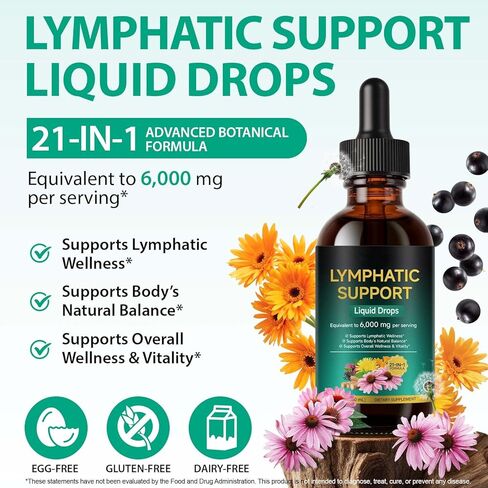 Lymphatic Drainage Drops for Lymphatic Cleanse & Immune Support,Lymphatic Drainage Supplements with Echinacea, Dandelion, Elderberry, Cleavers, Astragalus, Burdock & More Organic Lymphatic Drops 60ml in Saudi Arabia
