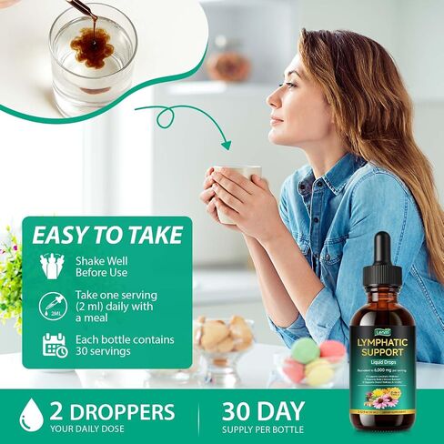Lymphatic Drainage Drops for Lymphatic Cleanse & Immune Support,Lymphatic Drainage Supplements with Echinacea, Dandelion, Elderberry, Cleavers, Astragalus, Burdock & More Organic Lymphatic Drops 60ml in Saudi Arabia