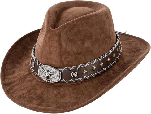 Cowgirl Hat for Men and Women Vintage Cowboy Hat with Bull Head Decoration Adjustable Size Western Style Fashion Accessory Ideal for Themed Parties Casual Outings or Costume Roleplay(Coffee,Size: M) in Saudi Arabia