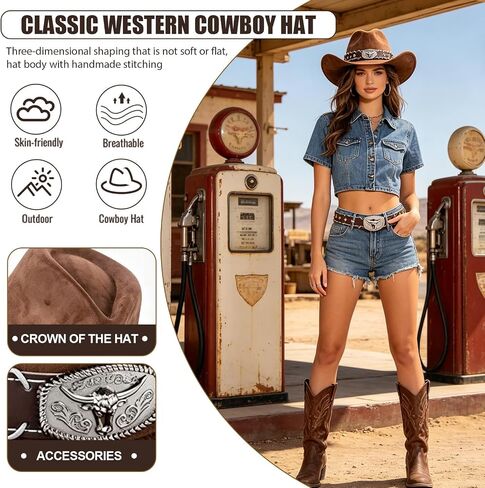 Cowgirl Hat for Men and Women Vintage Cowboy Hat with Bull Head Decoration Adjustable Size Western Style Fashion Accessory Ideal for Themed Parties Casual Outings or Costume Roleplay(Coffee,Size: M) in Saudi Arabia