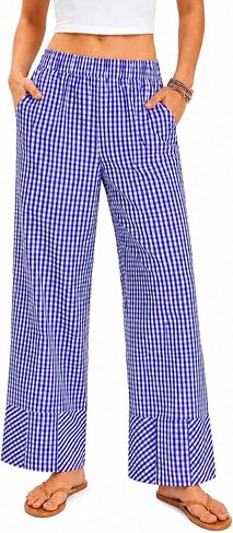 SWOMOG Womens 100% Cotton Pajama Pants Lightweight Gingham Lounge Bottoms Casual Wide Leg PJ Pants with Pockets in Kuwait