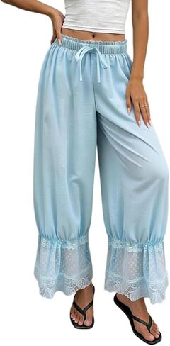 Womens Lace Bloomers Pants Smocked Elastic Waist Ruffle Pantaloons Lounge Pajama Bottoms Lace Trim Slip Pants in Kuwait
