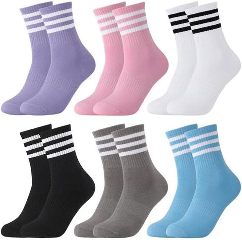 6 Pairs Striped Athletic Socks for Women, Cotton Sports Running Crew Socks Retro Breathable Casual Sock for Work School Gym Running Cycling Walking in Kuwait