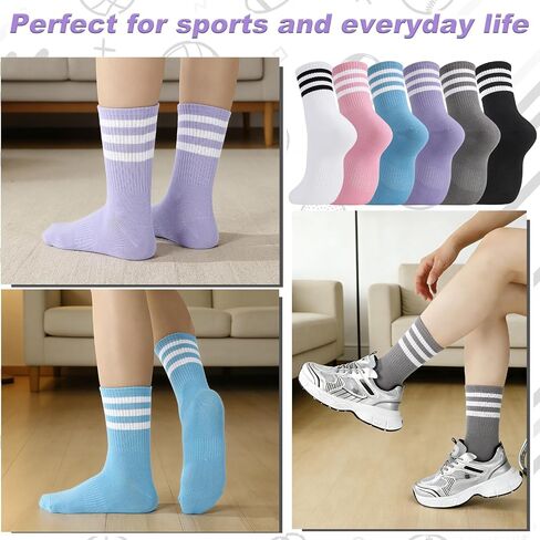 6 Pairs Striped Athletic Socks for Women, Cotton Sports Running Crew Socks Retro Breathable Casual Sock for Work School Gym Running Cycling Walking in Kuwait